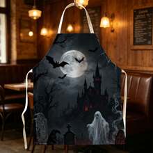 1 buah Celemek Motif Hantu Kastil Halloween - Tanpa Lengan, Tahan Lama dan Nyaman, Motif Kastil di Bawah Cahaya Bulan, Hantu dan Kelelawar, Cocok untuk Memasak, Memanggang, dan Membersihkan Rumah, Celemek Pekerjaan Rumah Tangga, Celemek Berkebun, Hadiah Liburan Halloween yang Menyenangkan - MultiWarna - View 3