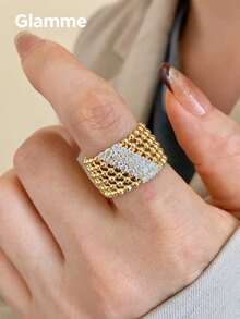 1pc Vintage Hollow Beaded Metal Ring For Women, Elegant Open Band Ring For Party And Formal Occasions - Gold - View 8