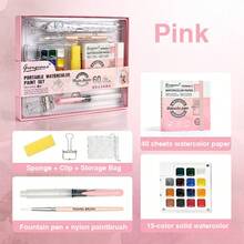 15 Colors Solid Watercolor Paint Travel Set, Portable Storage Art Painting Sketching Watercolor Paint Acrylic Box Mini Outdoor Quick Sketching Set, Student Hand Drawing Journal Art Painting Tools - Pink Set - View 14