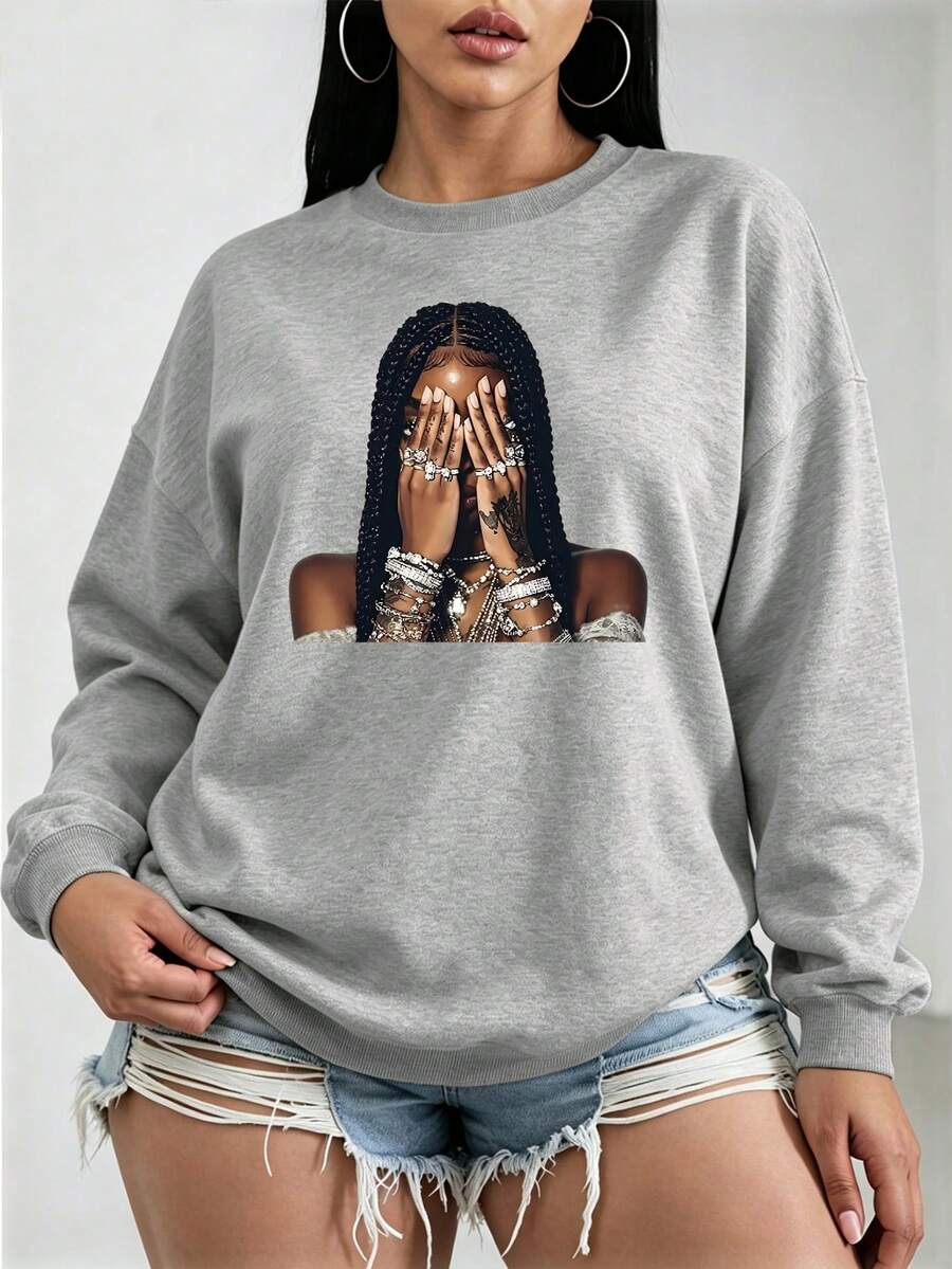 Women's Plus-Size Fashionable And Versatile Crew Neck Sweatshirt, Portrait Graphic Print, A Casual And Streetwear Top For Autumn And Winter. - Grey - View 1