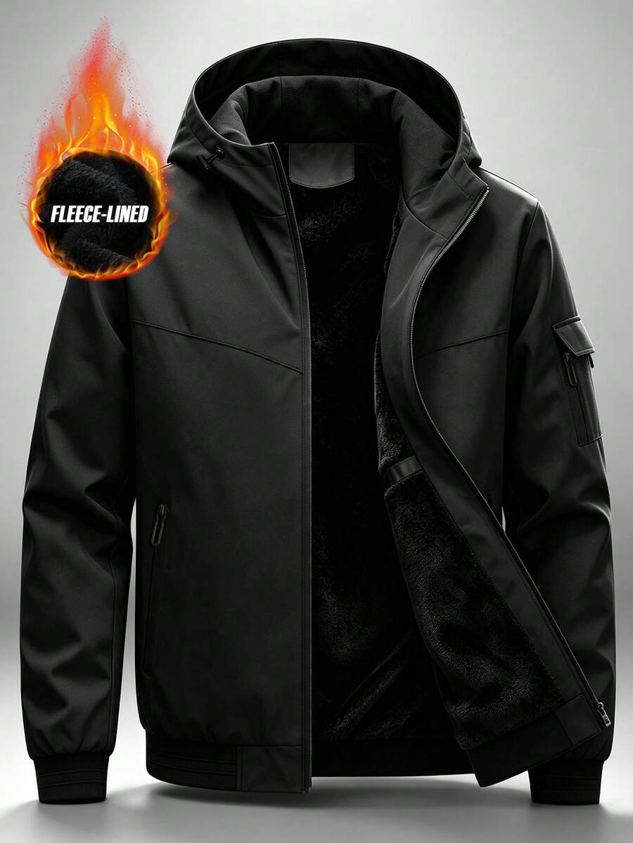 Men's Solid Color Outdoor Casual Sports Jacket With Hood, Multi-Pockets, Thick Thermal Lining, Mountain Style Outerwear - Black - View 1
