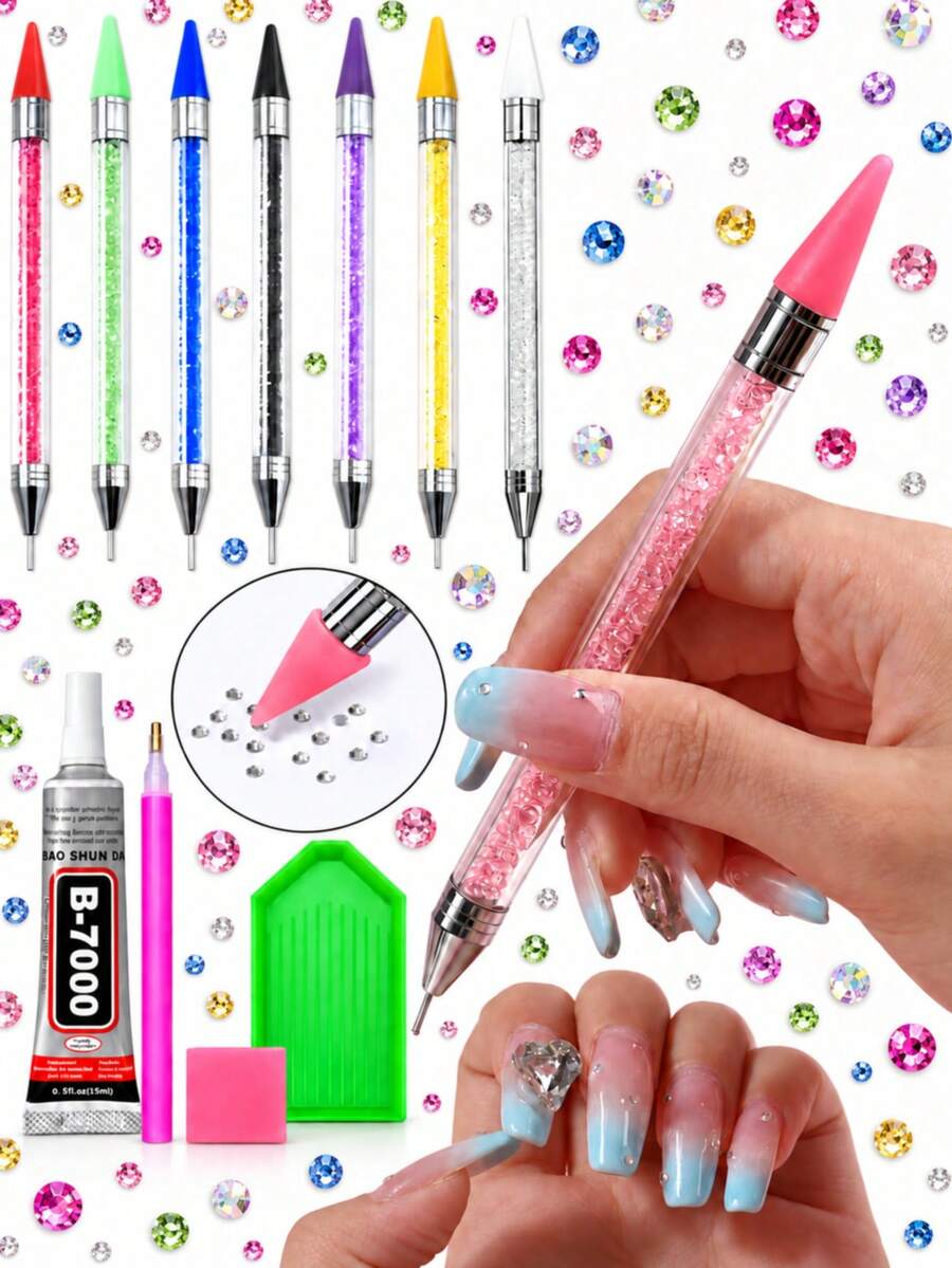 8pcs Rhinestone Tool Set With Silicone Tips, Detachable; Ideal For Picking And Applying Crystals, Diamonds, Resin Gems And Beads, Suitable For Beginners And Artists. Comes With Flat-Back Resin Rhinestones, Perfect For DIY Handmade Decoration Of Cups, Shoes And Other Items. - View 1