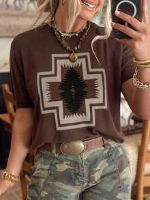 Acelitt Spring/Autumn Western Bohemian Style Loose Short Jacquard Knit Short Sleeve Sweater, Suitable For Daily Wear - Brown - View 2