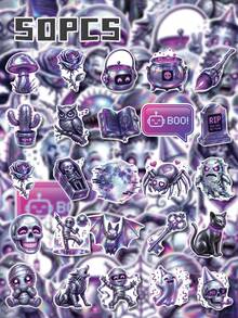 50Pcs PP Cyber Halloween Stickers, Cyberpunk Halloween Style, Including Neon Ghosts, Mechanical Pumpkins, Witch Cats, Holiday English Slogans Elements, For Journal Collage, Water Bottle, Luggage, Skateboard, Notebook, Storage Box, DIY Craft Decor - Multicolor - View 8