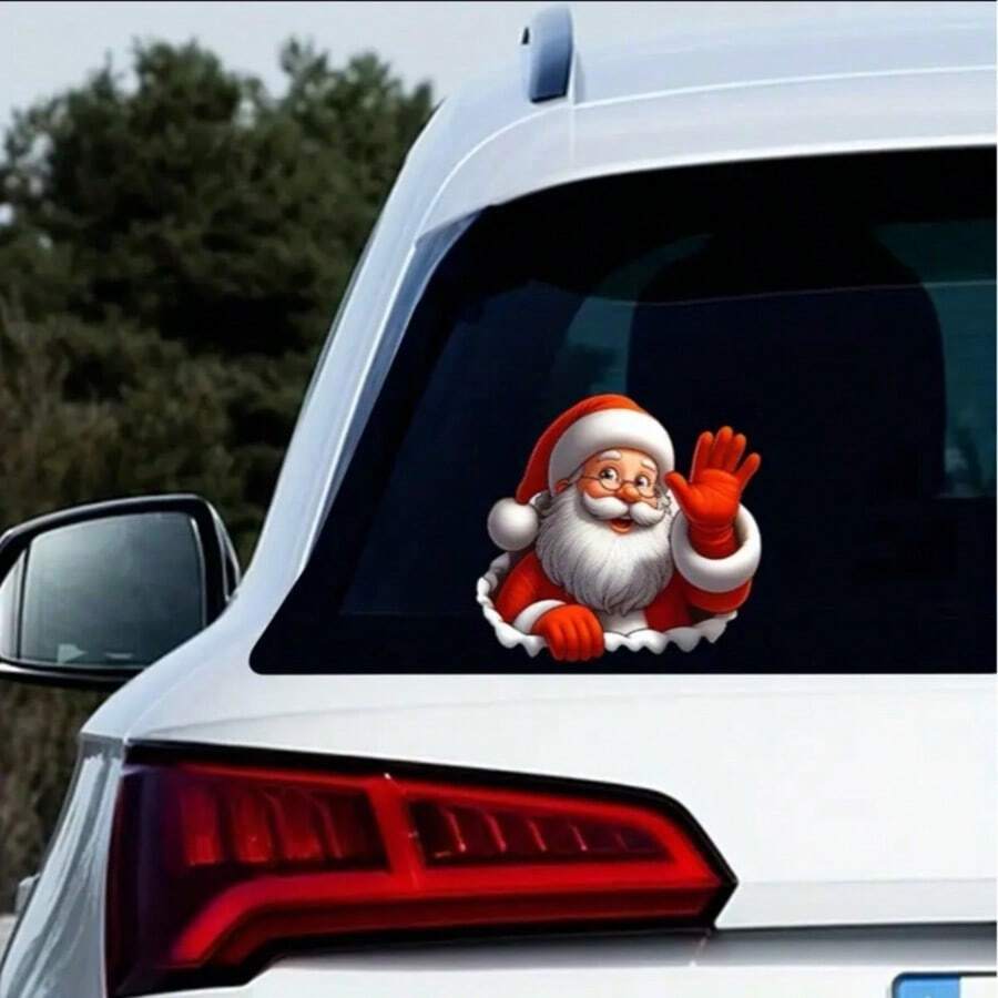Christmas Santa Claus Waving Through Window Car Sticker, Single PVC Waterproof 3D Realistic Window Decal, Christmas Rear Window Decor - Multicolor - View 1