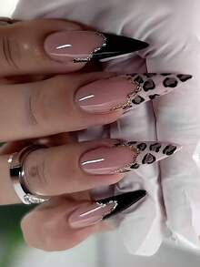 24pcs Personalized Dark Series Street Cool Hot Girl Style Black & Brown Leopard Print French Long Pointed Press-On Nails Fake Nails Set, Suitable For Personalized Hot Girl Daily Use And Shopping - Black - View 11