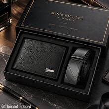 2pcs Men's Black PU Leather Wallet And Belt Set, Textured Bifold Wallet, Automatic Buckle Belt, Business Casual Gift For Him, Fall Everyday Essentials - Black - View 6