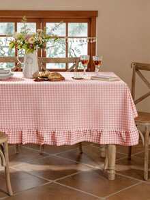 1pc French Retro Plaid Tablecloth, Farmhouse Vintage Style With Ruffle Trim, Skin-Friendly Washable Reusable, Suitable For Home Kitchen Dinner, Outdoor Activities, Living Room, Dining Room, Party, Daily Decor - Pink - View 4