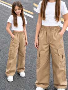 1pc Girls' Versatile Casual Sports Outdoor Loose Fit Pants, Fashionable For Daily Wear - Khaki - View 9