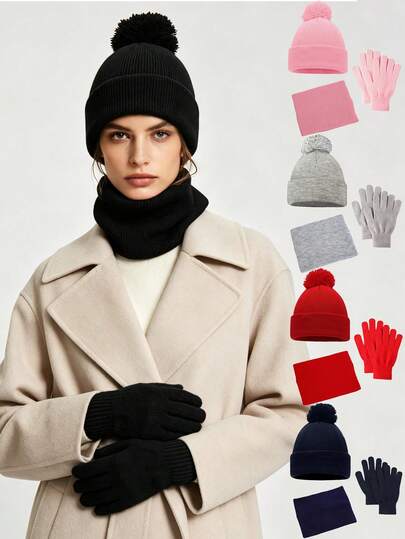 1/2 Sets Conjunto de Gorro, Bufanda y Guantes de Punto para Invierno, Estilo Universal para Mujer, Gorro de Punto Decorado con Pompones + Bufanda Calentadora de Cuello + Guantes de Dedos Completos, Conjunto 4-En-1
