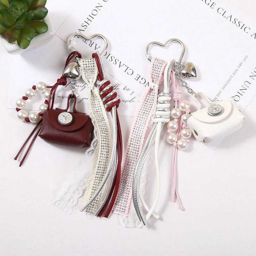 Korean Vintage Woven Tassel Pearl Chain Mini Leather Bag Charm, Cute Bag Pendant Keychain - Multicolor - View 1