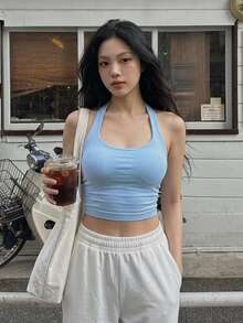 Women's Seamless Long Spaghetti Strap Fitness Top, Built-In Bra With Removable Pads, Sports Yoga Tank Top, Athleisure Summer - Baby Blue - View 2