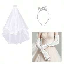 3 Pieces Bridal Headband, Veil, Glove And Accessory Set, "Bridal" Letter Headband, Suitable For Wedding, Bridal Shower And Wedding Photography - Multicolor - View 8
