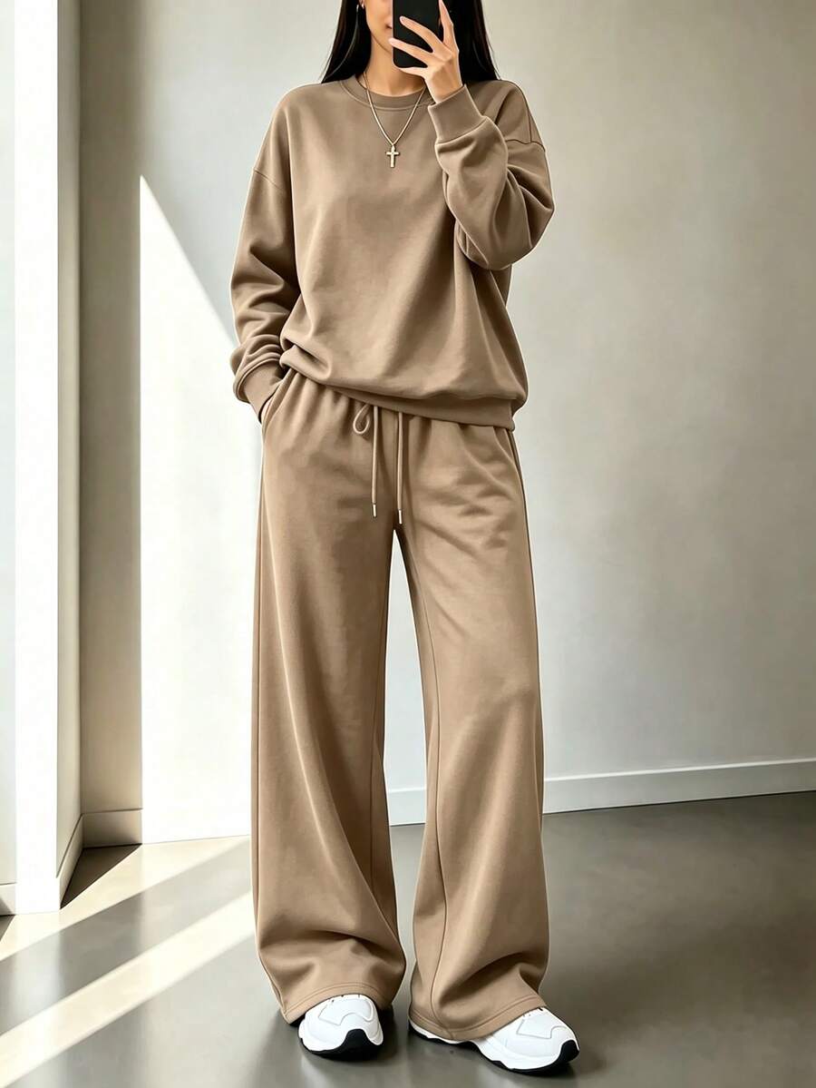 2pcs Falloutfits Women's Sports Set, Fashionable & Comfortable Colorblock Jacket And Casual Pants, Suitable For Autumn/Winter Wear - Khaki - View 1