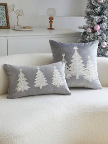 1pc Christmas Tree Embroidered Pillow Case, Christmas Star Pillow Case, Suitable For Indoor Decoration, Christmas Decoration, All-Season Pillow Case, Without Insert - Grey - View 2