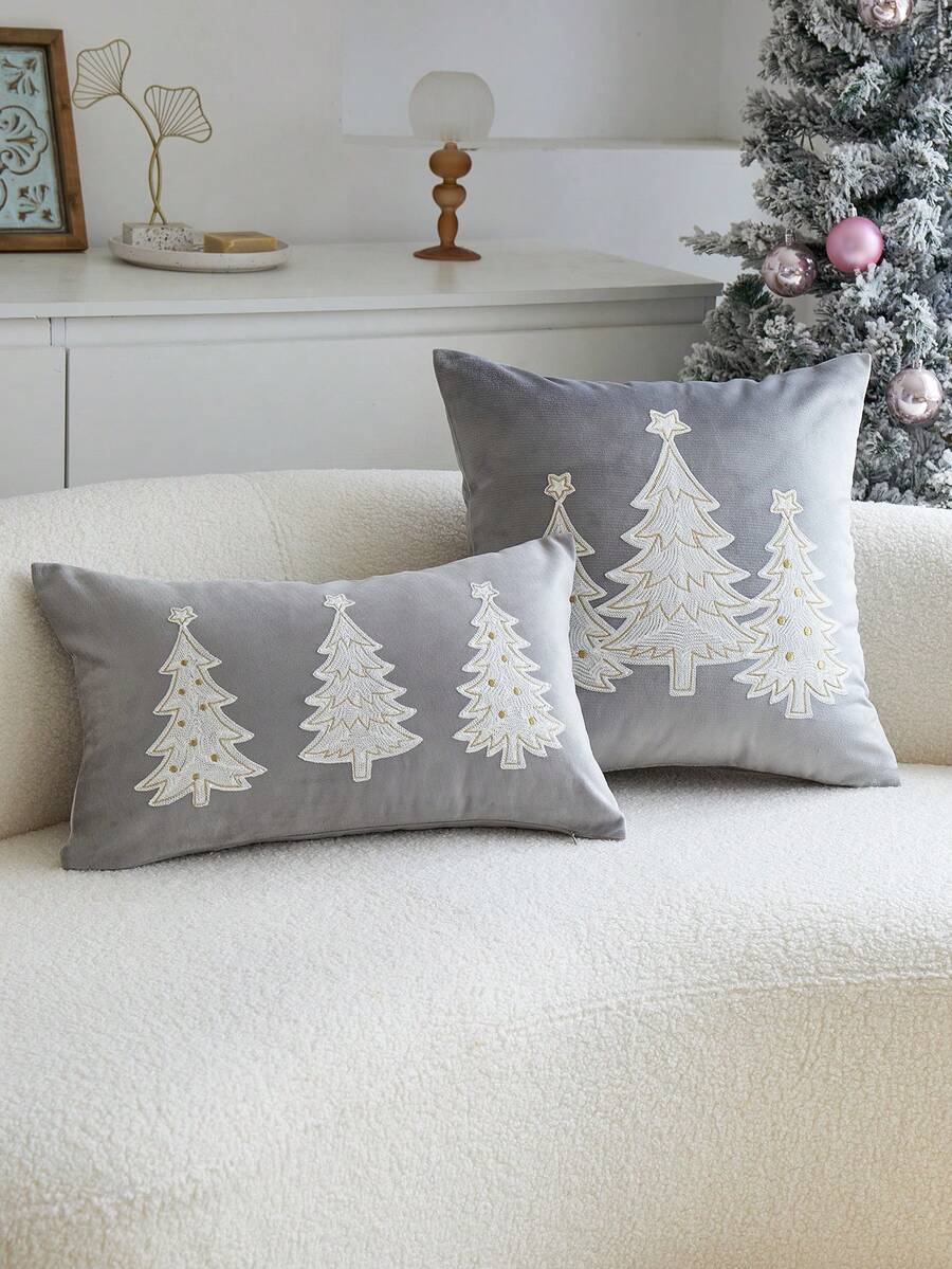 1pc Christmas Tree Embroidered Pillow Case, Christmas Star Pillow Case, Suitable For Indoor Decoration, Christmas Decoration, All-Season Pillow Case, Without Insert