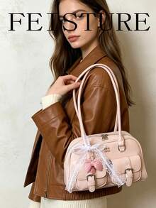 1 pieza Bolso de hombro multifuncional FEISTURE con bolsillos y decoración de lazo, cierre con cremallera, adecuado para uso diario, citas, ir al trabajo, color rosa - Rosa - Ver 11