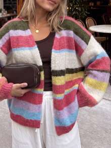 Just Masa Women's Fall Casual Multi-Striped Colorblock Sweater Cardigan,Long Sleeve V Neck Loose Rib-Knit Coat,For Daily Wear,Going Out,Halloween - Colorful Stripes - View 5