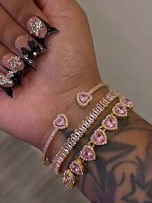 Stainless Steel 18K Gold Diamond Heart-Shaped Bracelet Set, 14K Gold Cubic Zirconia Open Bangle, Fashionable Women's Daily Wear, Holiday Gift - Gold - View 8