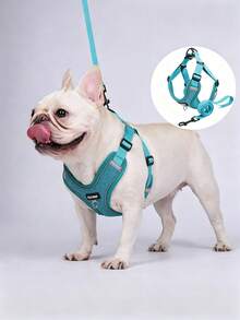 1 Set New Color Pet Dog Leash, Reflective Adjustable Harness, French Bulldog Outdoor Dog Walking Leash And Collar Set, Soft Breathable Mesh Material, Suitable For Small/Medium Pets All Seasons - Blue - View 2