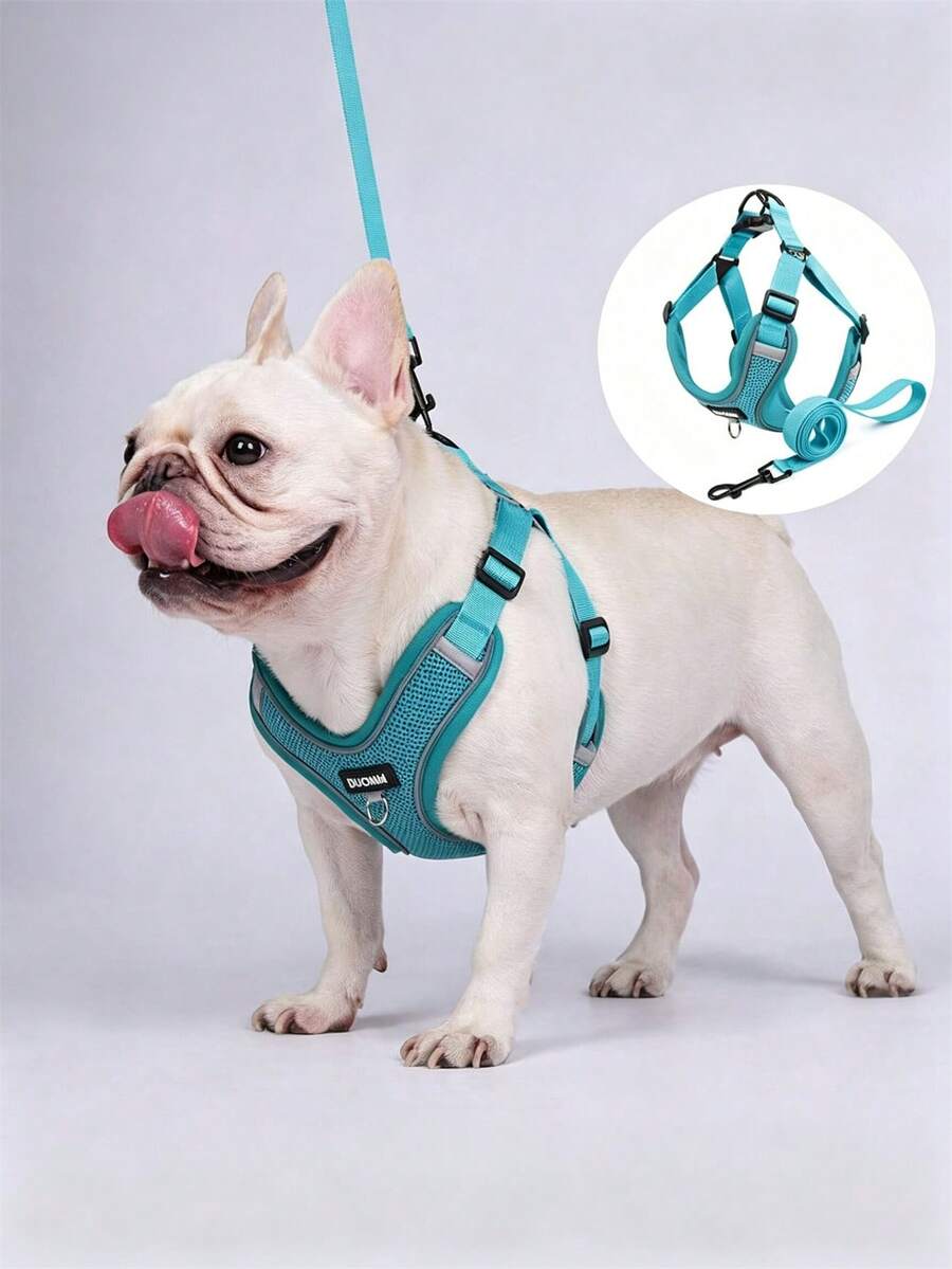 1 Set New Color Pet Dog Leash, Reflective Adjustable Harness, French Bulldog Outdoor Dog Walking Leash And Collar Set, Soft Breathable Mesh Material, Suitable For Small/Medium Pets All Seasons