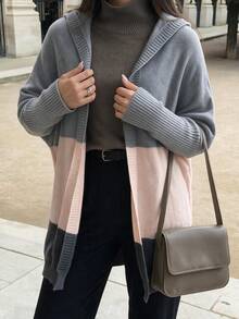Women Color Block Long Knit Cardigan, V Neck Open Front Drop Shoulder Long Sleeve Sweater Coat - Multicolor - View 3