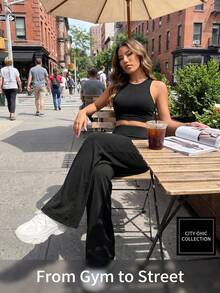 Solid High Rise Flared Straight Leg Pants - Black - View 4