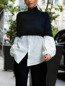 Women's Comfortable Casual Colorblock Patchwork College Style Blouse, Commute Daily Shirt - Black and White - View 3