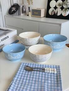 1pc Blue And White Embossed Ribbon Bow Ceramic Bowl, Ins Style Blue And White Bow Dessert Snack Bowl, Exquisite Bow Main Course Bowl, Rice Bowl, Suitable For Restaurant, Living Room, Kitchen, Dessert Shop, Gathering - Multicolor - View 11