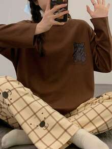 2pcs/Set Women's Pajamas Loungewear Set, Cute Childlike Pullover Round Neck Dark Bear Long Sleeve Cropped Pants Comfortable Home Style - Brown - View 9