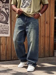Plus Size Men's Distressed Washed Denim Jeans, Casual College Street Style - Blue - View 1