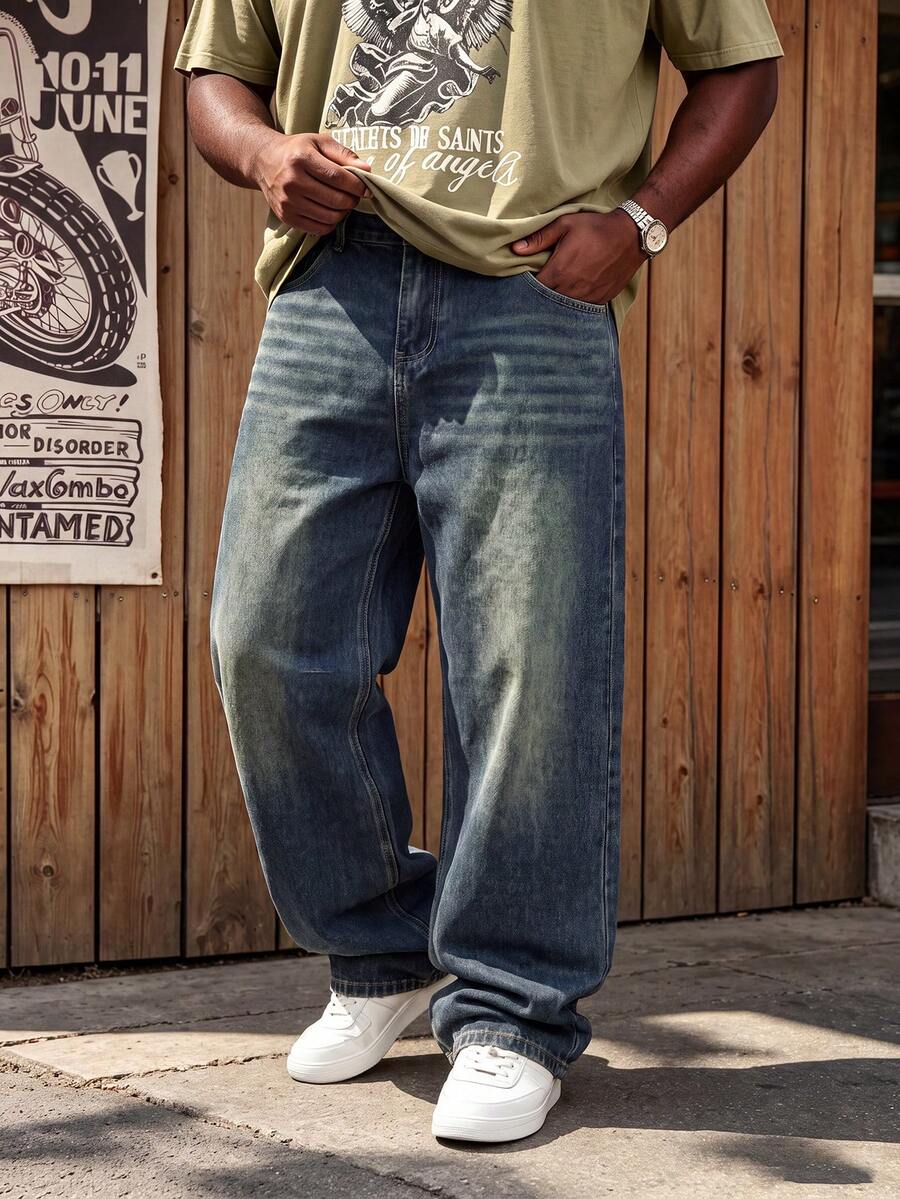 Plus Size Men's Distressed Washed Denim Jeans, Casual College Street Style - Blue - View 1