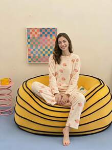 Joivida 2pcs Winter Coral Fleece Top & Pants Fluffy Pajama Set, Warm Sleepwear Set, Fresh Fruit Print Lounge Set, Two Pieces Set, Fall Winter Clothes, Cozy - Multicolor - View 5
