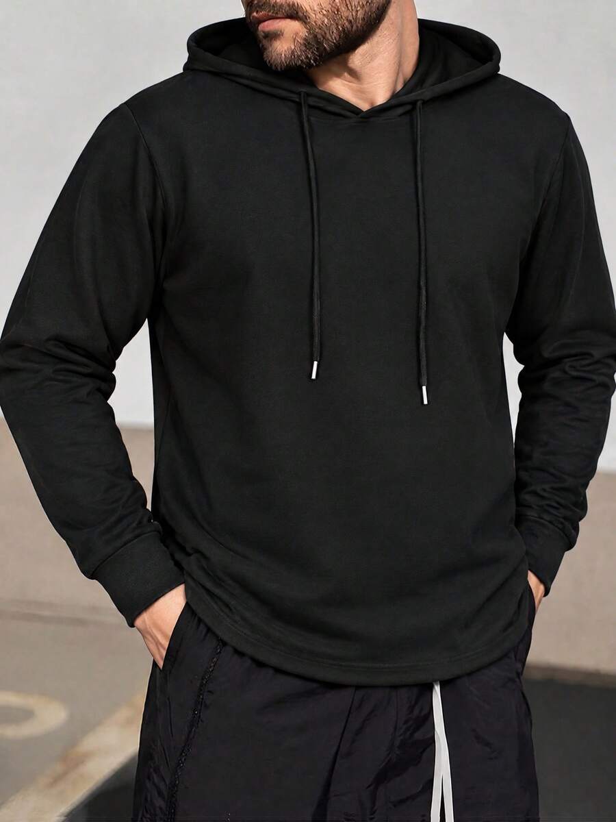男士素色基本款連帽T恤,極簡黑色抽繩連帽長袖套頭上衣,休閒日常穿搭層次上衣 - 黑色 - 查看 1