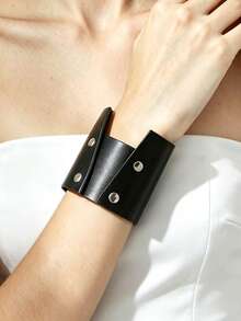 MARLIWOO 1pc Punk Style Wide Exaggerated Double Layer Leather Bracelet, Gothic EMO Style Accessory For Stage Party - Multicolor - View 1