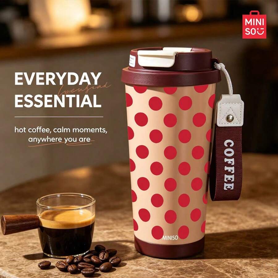 MINISO Water Cup, Coffee Cup, Simple And Elegant, 530ML Red Polka Dot Pattern Coffee Cup, With Straw, New Autumnwinter Insulated Model; Valentine's Day Gift. - Coffee Brown - View 1