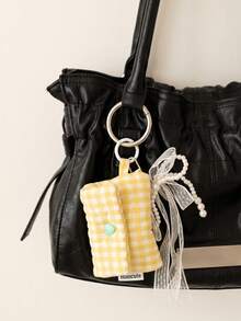 1pc Checkered Quilted Earbud Carrying Bag Multi-Use Small Fabric Pouch With Keychain Ring Girly Earphone Case Cute Mini Storage Bag For Tiny Items - Multicolor - View 4