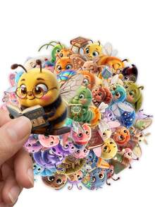 50Pcs Cartoon Reading Bug Stickers, Furry Bee, Butterfly & Caterpillar Decals, PVC Waterproof Self-Adhesive Stickers For Planner & Diary - Multicolor - View 3