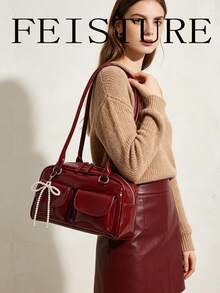 1pc FEISTURE Solid Color PU Bowling Bag With Multiple Pockets, Women's Shoulder/Underarm Bag (With Pendant), Suitable For Shopping, Dating, Women's Gift, Suitable For Teenage Girls, College Students, Beginners And White-Collar Workers, Ideal For Office, Campus, Work, Commuting - Burgundy - View 12