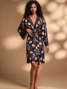 1pc Women's Black Daisy Floral Print Lace Trim V-Neck Loose Satin Robe Loungewear Sleepwear - Black - View 2