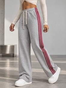 Women Gray Wide Leg Sweatpants Red Side Stripes Track Pants Drawstring Elastic Waist Loose Fit Casual Athletic Trousers - Grey - View 3