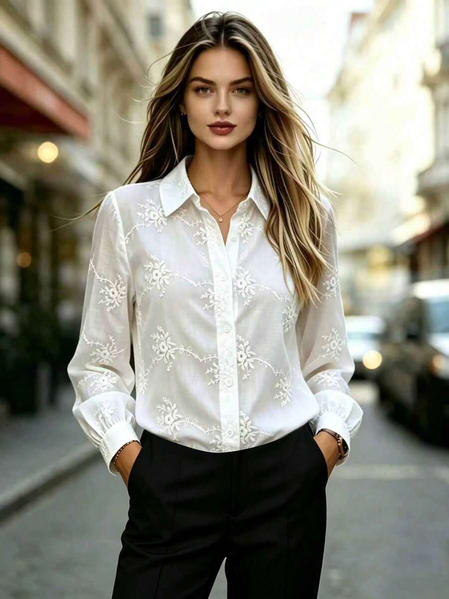 Women's Elegant White Long Sleeve Button-Front Shirt, Ruffle Collar Design, Brown Bow Tie Decor, Regular Sleeve