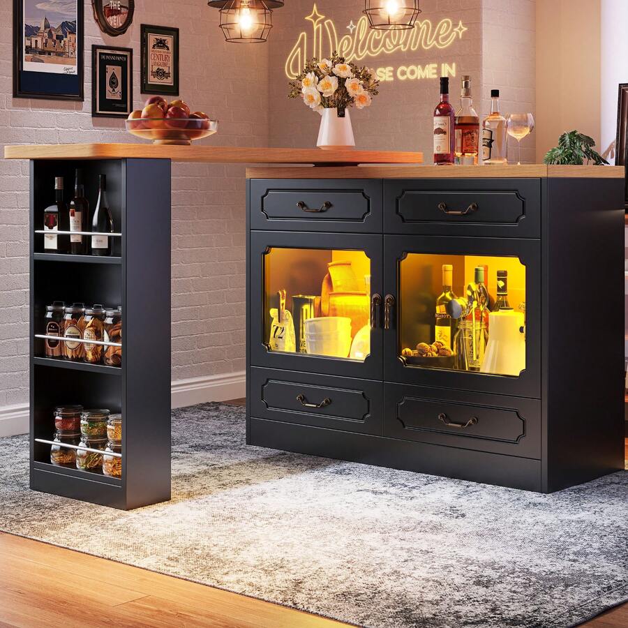 Flieks 360° Rotating Kitchen Island Bar Table With App Controlled LED Lights, Buffet Sideboard With 4 Drawers & Glass Cabinet, Multifunctional Dining/Work Desk For Living Room & Kitchen - Black - View 1