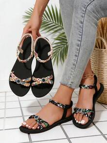 Beige Floral Woven Elastic Ankle Strap Sandals, Sapphire Rhinestone Flat Roman Sandals, Women's Summer Vacation Beach Sandals - Beige - View 4