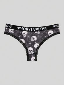 Morvia 5pcs Gothic Skull Moon Mystical Print Women Thongs Lace Trim Daily Wear Underwear - Black - View 4