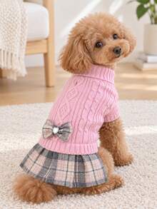 1pc Small Dog Sweater Dress, Warm High Neck Soft Knitted Clothing For Winter, Cute For Poodle, Yorkshire Terrier, Chihuahua - Pink - View 3
