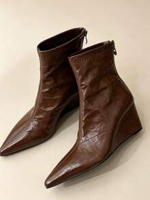 2026 New Women's Short Ankle Boots Slip-On Ruched Shaft Midline Split Design Minimalist Autumn Street Fashion Ankle Boots - Brown - View 1
