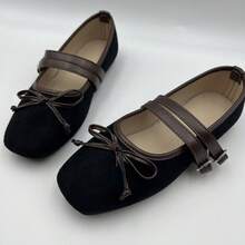Square Toe Double Buckle Mary Jane Shoes Women's Vintage Bow Shallow Vamp Flat Shoes Multi-Color Versatile - Black - View 2
