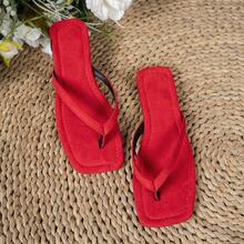 New Spring/Summer Women's Red Fabric Square Toe Flat Flip Flops, Casual Fashion Vintage Indoor Slippers Sandals - Red - View 14