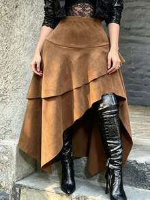 High Waist New Vintage Suede Skirt, Elastic Waist Asymmetrical Hem A-Line Skirt, Autumn - Brown - View 5